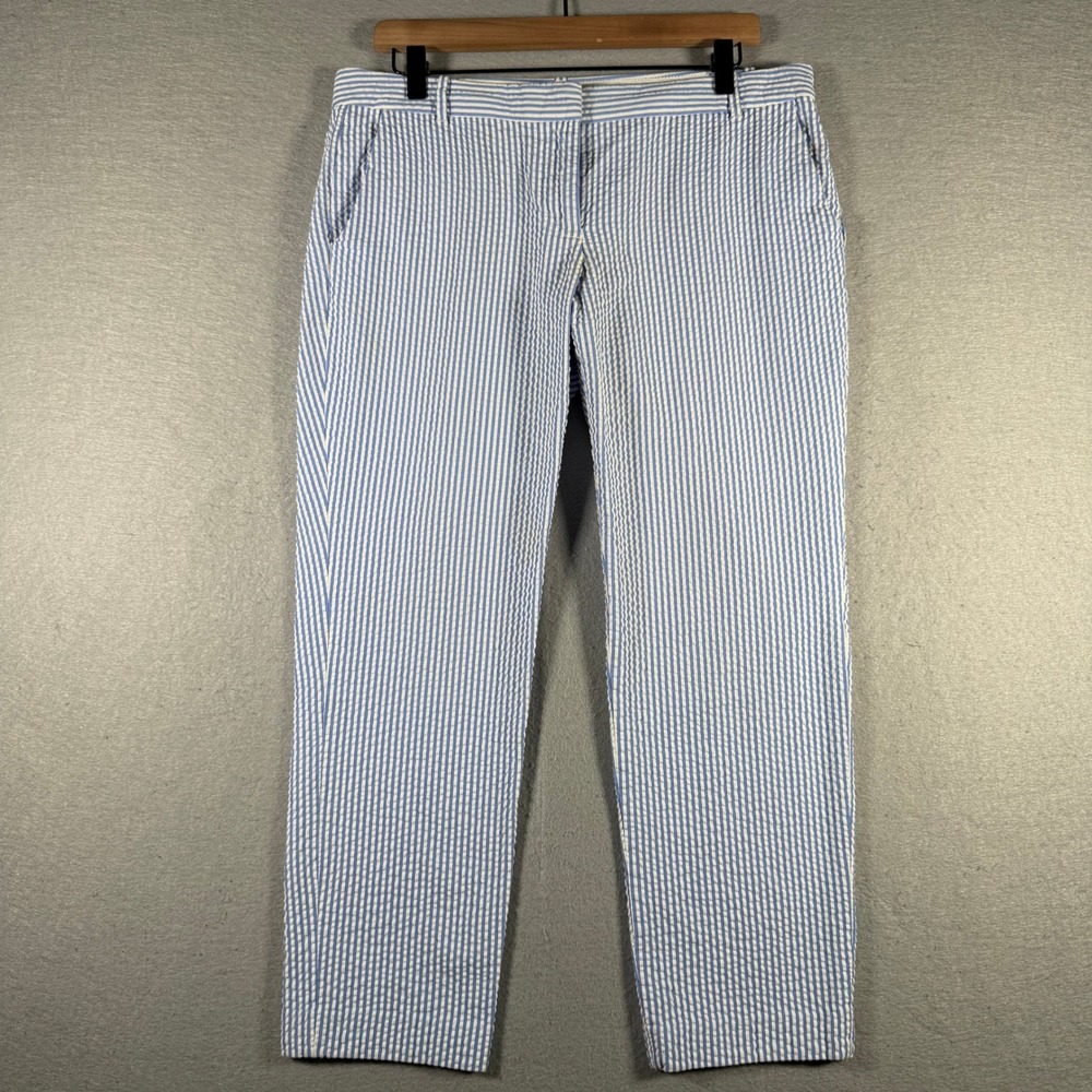 J.Crew Cafe Capri Pants Womens 10 Blue White Seersucker Striped Cotton Cropped